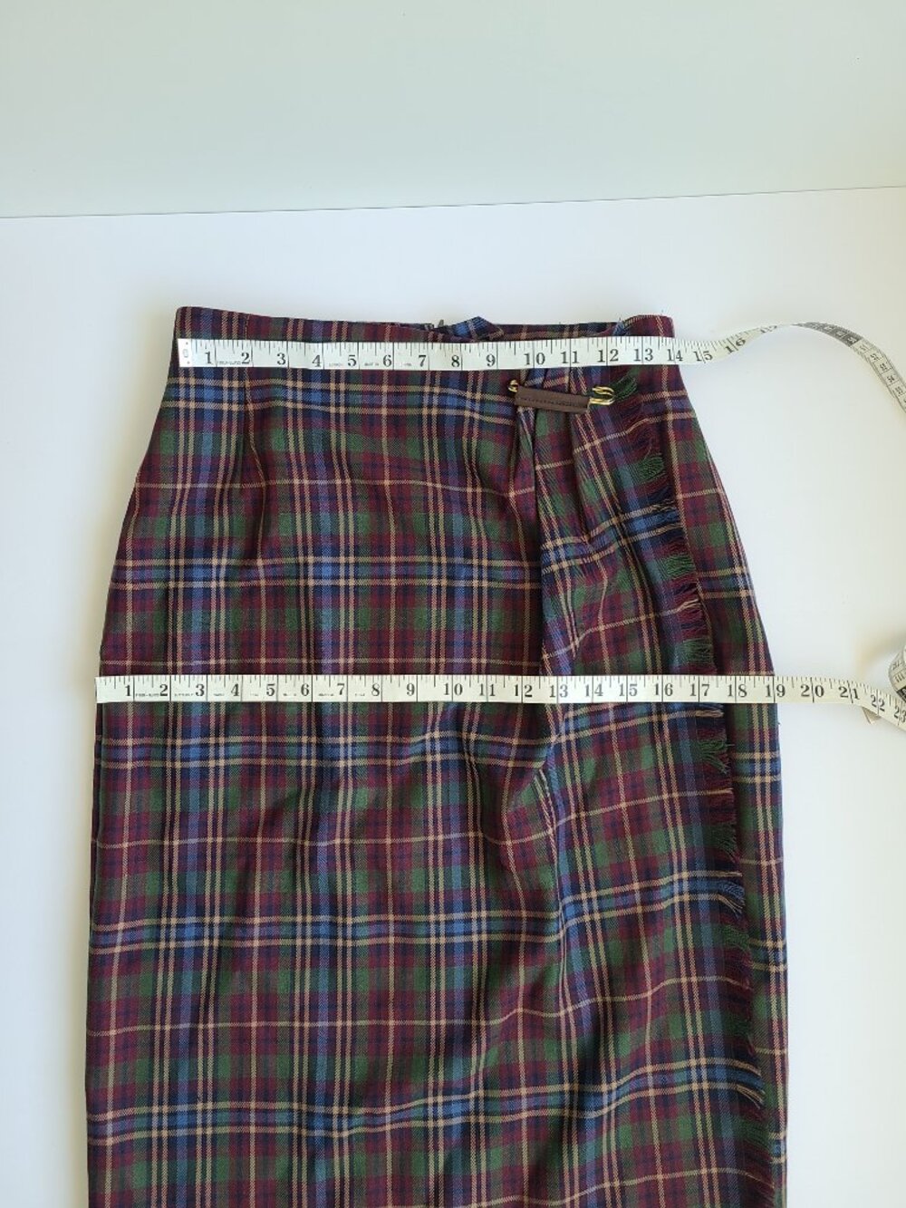 Vintage Faux Wrap Skirt 10 Wst 27.5" Brown Green Plaid 100% Wool Midi FLAWS - Picture 8 of 14